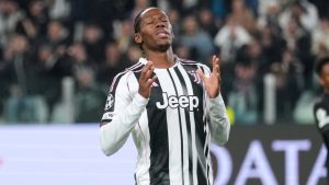 Juventus' Jonathan David reacts after a missed chance to score during the Champions League opening phase match between Juventus and Sporting CP in Turin, Italy, Tuesday, Nov. 4, 2025. (Antonio Calanni/AP)