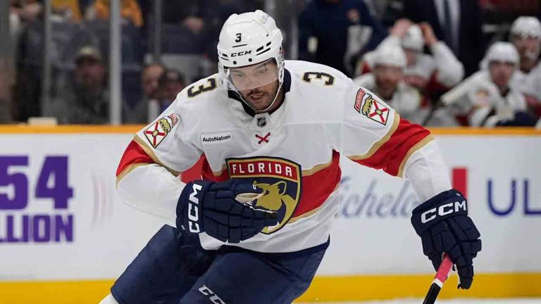 Florida Panthers defenceman Seth Jones (3) plays during the first period of an NHL hockey game against the Nashville Predators, Monday, Nov. 24, 2025, in Nashville, Tenn. (George Walker IV/AP)