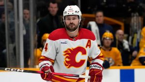 Calgary Flames defenceman Rasmus Andersson plays against the Nashville Predators during the third period of an NHL game Tuesday, Dec. 2, 2025, in Nashville, Tenn. (Mark Humphrey/AP)