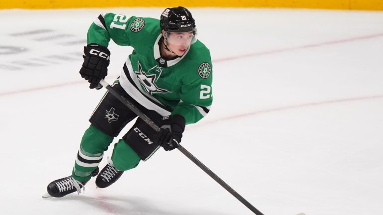 Dallas Stars left wing Jason Robertson skates with the puck during the second period of an NHL game against the San Jose Sharks, Friday, Dec. 5, 2025, in Dallas. (LM Otero/AP)