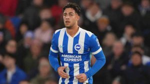 Brighton's Charalampos Kostoulas runs into position during the English Premier League soccer match between Brighton and Hove Albion and West Ham United at The American Express Stadium in Brighton, England, Sunday, Dec. 7, 2025. (Dave Shopland/AP)