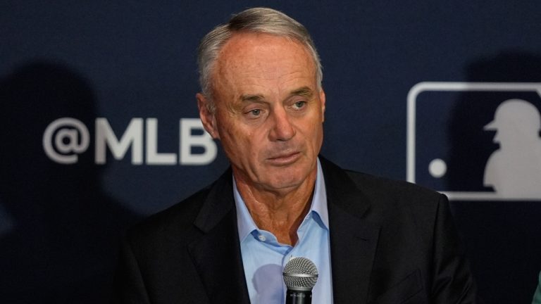 Rob Manfred, commissioner of Major League Baseball answers questions during a news conference at the MLB winter meetings, Monday, Dec. 8, 2025, in Orlando, Fla. (John Raoux/AP)