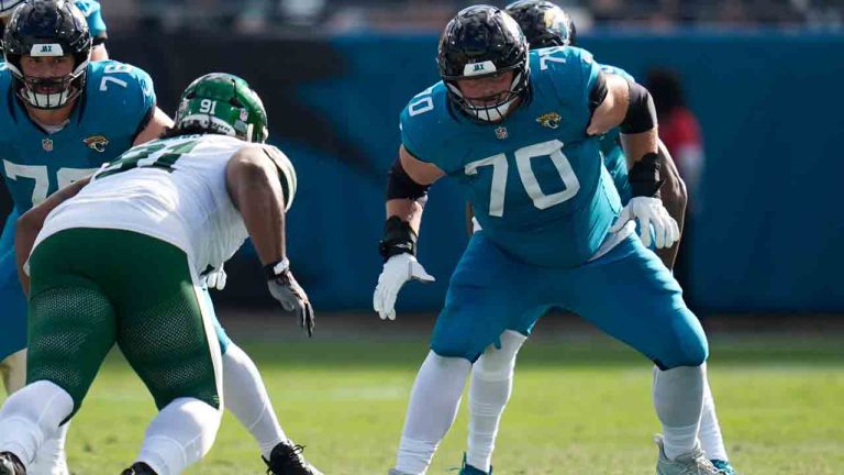Jacksonville Jaguars guard Cole van Lanen (70) looks to block New York Jets defensive tackle Jowon Briggs, left, during the first half of an NFL football game, Sunday, Dec. 14, 2025, in Jacksonville, Fla. (John Raoux/AP)