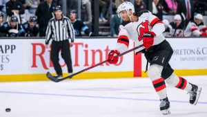 New Jersey Devils defenseman Dougie Hamilton shoots during the first period of an NHL hockey game against the Utah Mammoth, Friday, Dec. 19, 2025, in Salt Lake City. (Tyler Tate/AP)