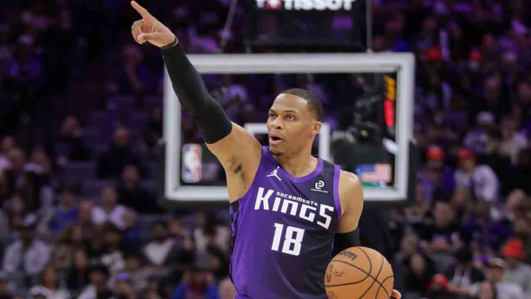 Sacramento Kings guard Russell Westbrook calls out plays during the second half of an NBA baketball game against the Dallas Mavericks, Saturday, Dec. 27, 2025, in Sacramento, Calif. (Scott Marshall/AP)