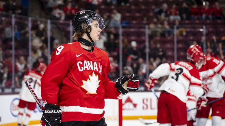Canada's Gavin McKenna (9) celebrates his goal during third period IIHF World Junior Championship hockey action against Denmark, in Minneapolis on Monday, Dec. 29, 2025. (Christopher Katsarov/CP)