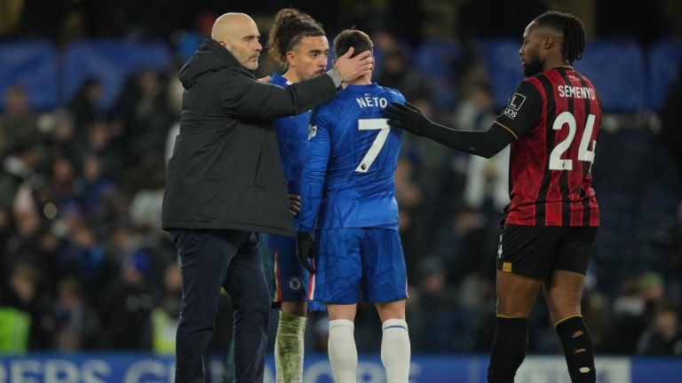 Chelsea's former head coach Enzo Maresca, stands on the pitch after the English Premier League match between Chelsea and Bournemouth in London, England, Tuesday, Dec. 30, 2025. (Kin Cheung/AP)