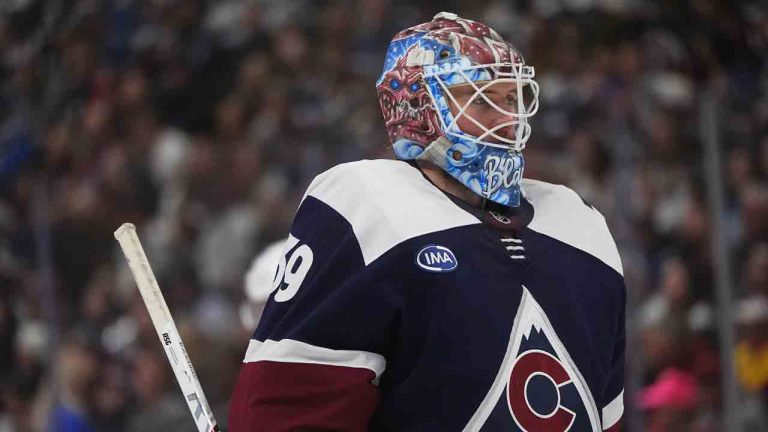 Colorado Avalanche goaltender Mackenzie Blackwood (39) in the second period of an NHL hockey game Wednesday, Dec. 31, 2025, in Denver. (David Zalubowski/AP)