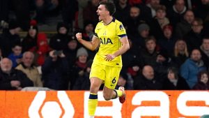 Tottenham Hotspur's Joao Palhinha celebrates scoring their side's second goal of the game during the English Premier League soccer match between Bournemouth and Tottenham Hotspur in Bournemouth, England, Wednesday Jan. 7, 2026. (Andrew Matthews/PA via AP)