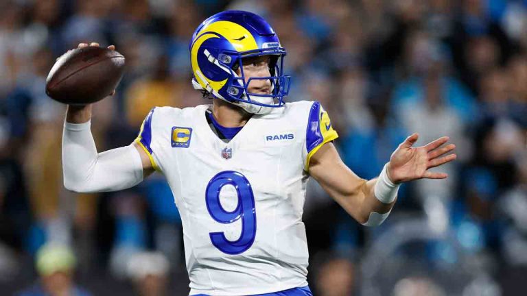 Los Angeles Rams quarterback Matthew Stafford (9) throws a pass during the second half of an NFL wild-card playoff football game against the Carolina Panthers, Saturday, Jan. 10, 2026, in Charlotte, N.C. (Rusty Jones/AP)