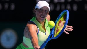 Madison Keys of the U.S. plays a backhand return to Karolina Pliskova of the Czech Republic during their third round match at the Australian Open tennis championship in Melbourne, Australia, Saturday, Jan. 24, 2026. (AP Photo/Dita Alangkara)