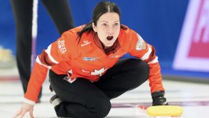 Canada skip Kerri Einarson watches her stone during her team's session against Yukon during the Scotties Tournament of Hearts in Mississauga, Ont. on Friday, January 23, 2026. THE CANADIAN PRESS/Chris Young