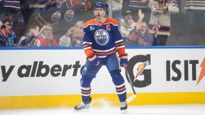 Edmonton Oilers' Connor McDavid (97) celebrates his game-winning goal against the Washington Capitals during overtime NHL action, in Edmonton on Saturday, Jan. 24, 2026. THE CANADIAN PRESS/Jason Franson