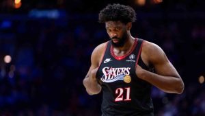 Philadelphia 76ers' Joel Embiid reacts during an NBA basketball game against the New York Knicks, Saturday, Jan. 24, 2026, in Philadelphia. (Chris Szagola/AP)