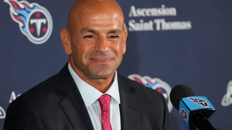 Tennessee Titans head coach Robert Saleh smiles during his introductory news conference at the NFL football team's training facility Thursday, Jan. 29, 2026, in Nashville, Tenn. (AP Photo/George Walker IV)