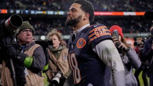 Chicago Bears' Caleb Williams celebrates after an NFL wild-card playoff game against the Green Bay Packers Saturday, Jan. 10, 2026, in Chicago. (AP/Nam Huh)