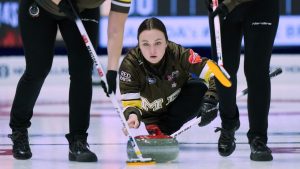 Team Manitoba skip Kelsey Calvert throws her rock while playing against Team Northern Ontario during the Scotties Tournament of Hearts in Mississauga, Ont., on Monday, Jan. 26, 2026. (Nathan Denette/CP)