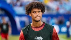 Canada forward Jacen Russell-Rowe (12) looks on before the Copa America third place soccer match in Charlotte, N.C., Saturday, July 13, 2024. (Jacob Kupferman/AP)