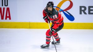 Canada's Marie-Philip PoulinÊ(29) moves the puck against the United States during second period Rivalry Series women's hockey action in Regina, Friday, February 9, 2024. (Liam Richards/CP)