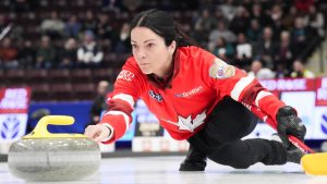 Canada's skip Kerri Einarson throws a stone during her team's session against Ontario at the Scotties Tournament of Hearts in Mississauga, Ont., on Saturday, January 24, 2026. (Chris Young/CP)