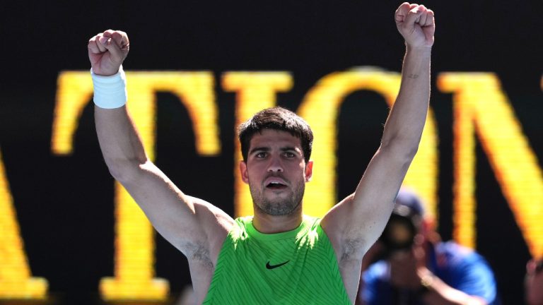 Carlos Alcaraz of Spain reacts after defeating Corentin Moutet of France in their third round match at the Australian Open tennis championship in Melbourne, Australia, Friday, Jan. 23, 2026. (Asanka Brendon Ratnayake/AP)