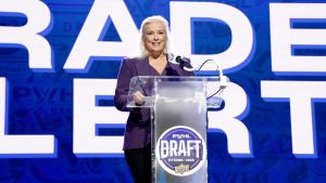 PWHL special advisor Cassie Campbell-Pascall announces a trade on-stage during the 2025 draft in Ottawa. (Photo courtesy of the PWHL)