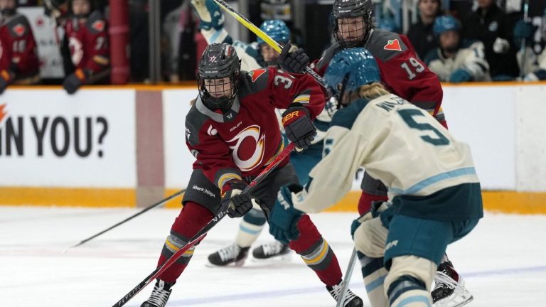 Ottawa Charge's Rebecca Leslie looks to pass the puck as Seattle Torrent's Anna Wilgren defends, during first period PWHL action in Ottawa, on Wednesday, Jan. 28, 2026. (THE CANADIAN PRESS/Justin Tang)