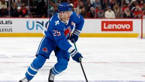 Colorado Avalanche's Nathan MacKinnon (29) skates with the puck against the Carolina Hurricanes during the first period of an NHL hockey game in Raleigh, N.C., Saturday, Jan. 3, 2026. (Karl DeBlaker/AP)