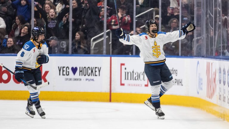 Toronto Sceptres forward Daryl Watts (9) celebrates an OT goal against the Ottawa Charge during a Takeover Tour stop in Edmonton on Sunday, Feb. 16, 2025. (Photo by Jason Franson/CP)