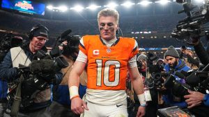 Denver Broncos quarterback Bo Nix (10) celebrates the win against the Buffalo Bills in an NFL divisional playoff football game, Sunday, Jan. 18, 2026 in Denver. (Bart Young/AP)