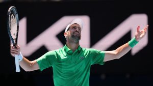 Novak Djokovic of Serbia reacts during his second round match against Francesco Maestrelli of Italy at the Australian Open tennis championship in Melbourne, Australia, Thursday, Jan. 22, 2026. (AP/Aaron Favila)