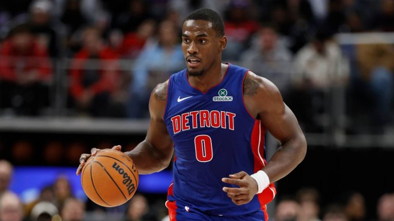 Detroit Pistons center Jalen Duren (0) brings the ball up court against the Atlanta Hawks during the second half of an NBA basketball game Friday, Dec. 12, 2025, in Detroit. (Duane Burleson/AP)