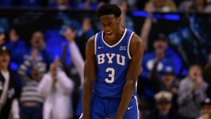 BYU forward AJ Dybantsa reacts to scoring a career high and new freshman record at BYU during the second half of an NCAA college basketball game against Utah, Saturday, Jan. 24, 2026, in Provo, Utah. (Tyler Tate/AP)