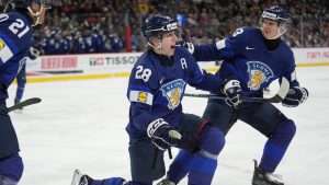 Finland forward Heikki Ruohonen (28) celebrates after scoring a goal during the second period of an IIHF World Junior Hockey Championship quarterfinals game against the United States, Friday, Jan. 2, 2026, in St. Paul, Minn. (Abbie Parr/AP)