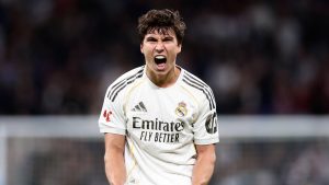 Real Madrid's Gonzalo Garcia celebrates after scoring his third and his sides fourth goal during the Spanish La Liga soccer match between Real Madrid and Real Betis Sevilla in Madrid, Spain, Sunday, Jan. 4, 2026. (Pablo Garcia/AP)