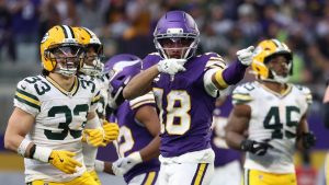 Minnesota Vikings wide receiver Justin Jefferson celebrates in front of Green Bay Packers safety Evan Williams after catching a pass during the first half of an NFL game, Sunday, Jan. 4, 2026, in Minneapolis. (AP/Ellen Schmidt)
