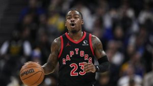 Toronto Raptors guard Jamal Shead (23) moves the ball during the second half of an NBA basketball game against the Golden State Warriors, Tuesday, Jan. 20, 2026, in San Francisco. (Godofredo A. Vásquez/AP)