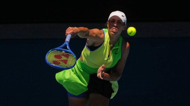 Madison Keys of the U.S. serves to Oleksandra Oliynykova of Ukraine during their first round match at the Australian Open tennis championship in Melbourne, Australia, Tuesday, Jan. 20, 2026. (Asanka Brendon Ratnayake/AP)