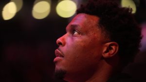Miami Heat guard Kyle Lowry (7) looks on prior to first half NBA basketball action against the Toronto Raptors, in Toronto, Sunday, April 3, 2022. (Nathan Denette/CP)