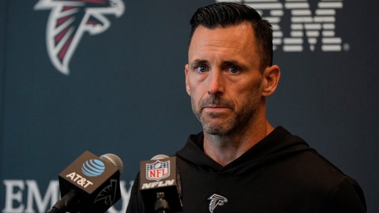 Assistant general manager Kyle Smith speaks during an Atlanta Falcons training camp, Saturday, July 26, 2025, in Flowery Branch. (Mike Stewart/AP)