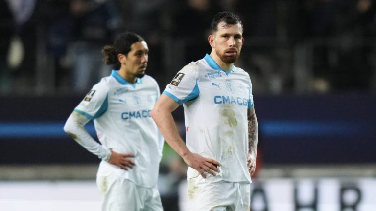 Marseille's Pierre-Emile Hojbjerg, center, reacts after Paris FC's Ilan Kebbal scoring from the penalty spot during the French League One soccer match between Paris FC and Marseille in Paris, Saturday, Jan. 31, 2026. (Thibault Camus/AP)