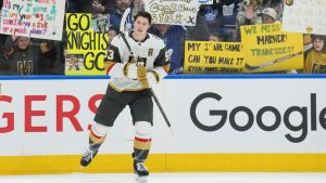 Vegas Golden Knights forward Mitch Marner warms up before playing against his former team the Toronto Maple Leafs during NHL hockey action in Toronto on Friday, January 23, 2026. (Nathan Denette/CP)