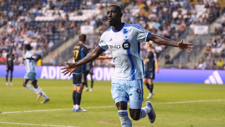 CF Montréal's Prince Osei Owusu reacts after scoring during an MLS match against the Philadelphia Union, Wednesday, July 16, 2025, in Chester, Pa. (AP/Matt Slocum)