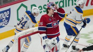 Montreal Canadiens goaltender Samuel Montembeault (35) reacts in the net following a goal by Buffalo Sabres' Zach Benson (6) during second period NHL hockey action in Montreal on Thursday, Jan. 22, 2026. (Christinne Muschi/CP)