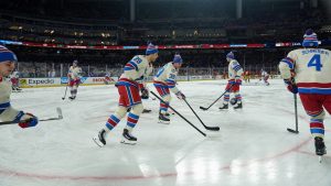 New York Rangers warm up before the NHL Winter Classic outdoor hockey game against the Florida Panthers, Friday, Jan. 2, 2026, in Miami. (Lynne Sladky/AP)