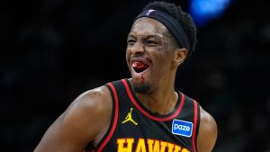 Atlanta Hawks forward Onyeka Okongwu (17) grimaces after being flagrantly fouled by Boston Celtics guard Jaylen Brown (7) during the second half of an NBA basketball game Wednesday, Jan. 28, 2026, in Boston. (Robert F. Bukaty/AP)