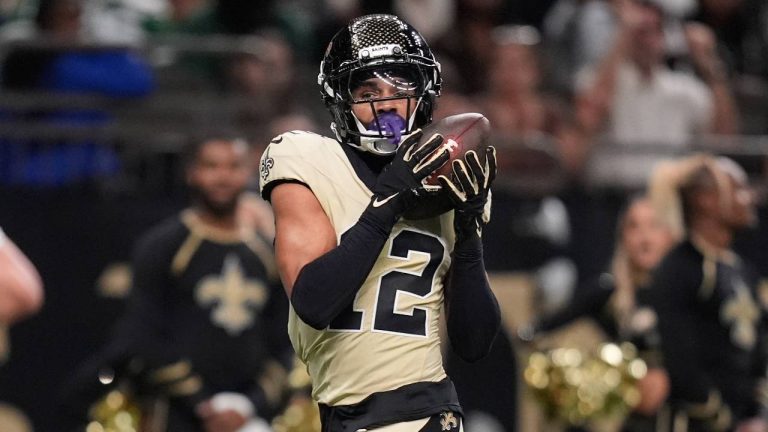 New Orleans Saints wide receiver Chris Olave pulls in a pass for a touchdown during the second half of an NFL football game against the New York Jets, Sunday, Dec. 21, 2025, in New Orleans. (Gerald Herbert/AP)