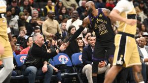 Los Angeles Lakers forward LeBron James (23) shakes hands with Washington Capitals hockey player Alex Ovechkin, left, during the second half of an NBA basketball game against the Washington Wizards, Friday, Jan. 30, 2026, in Washington. (Nick Wass/AP)