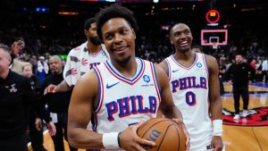 Philadelphia 76ers guard Kyle Lowry (7) looks on following second half NBA basketball action against his former team, the Toronto Raptors, in Toronto, Monday, Jan. 12, 2026. (Frank Gunn/CP)