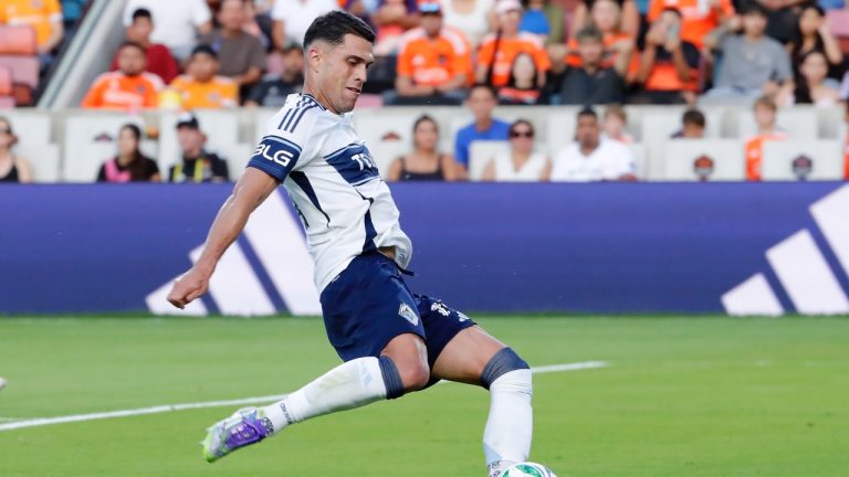 Vancouver Whitecaps forward Daniel Ríos advances the ball against the Houston Dynamo during the first half of an MLS match Wednesday, July 16, 2025, in Houston. (AP/Michael Wyke)